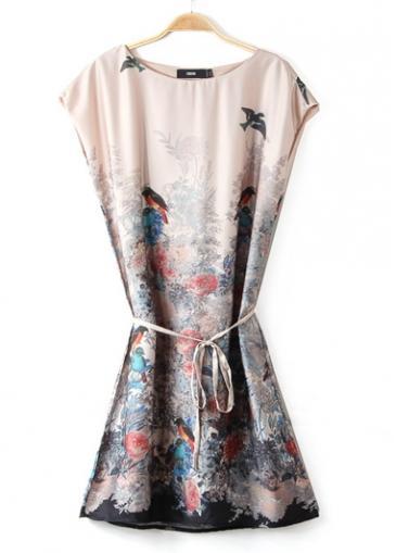 Rosewe New Print Design Cap Sleeve Skater Dress With Belt