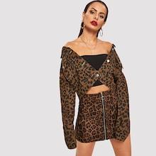 Shein Leopard Drop Shoulder Crop Denim Jacket