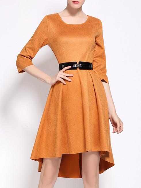 Shein Brown Crew Neck Belted High Low Dress