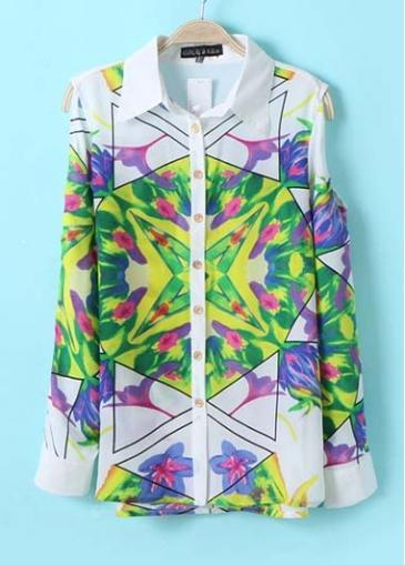Rosewe White Long Sleeve Cutout Shoulder Printed Shirt For Woman