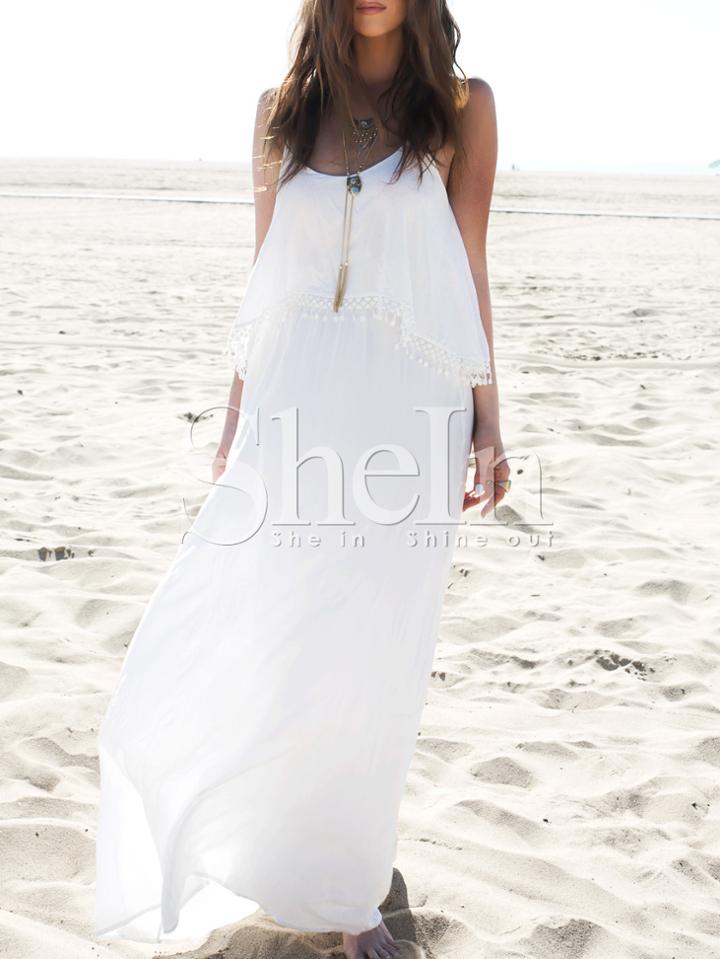 Shein Beige Spaghetti Strap Lace-trimed Flowy Dress