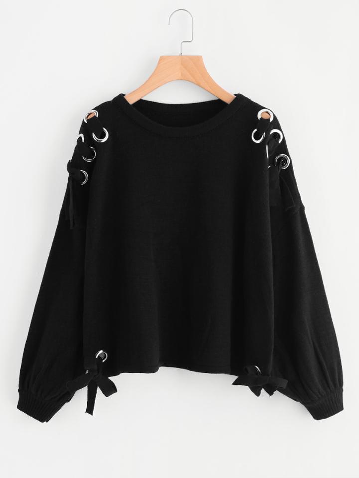 Shein Grommet Lace Up Bishop Sleeve Jumper