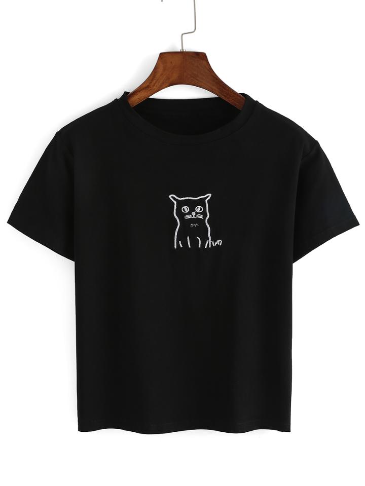 Shein Black Crew Neck Cat Print T-shirt