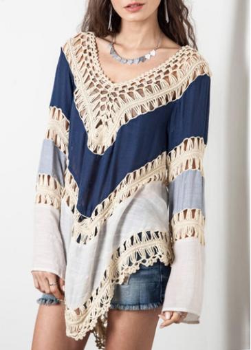 Rosewe V Neck Lace Patchwork Asymmetric Blouse