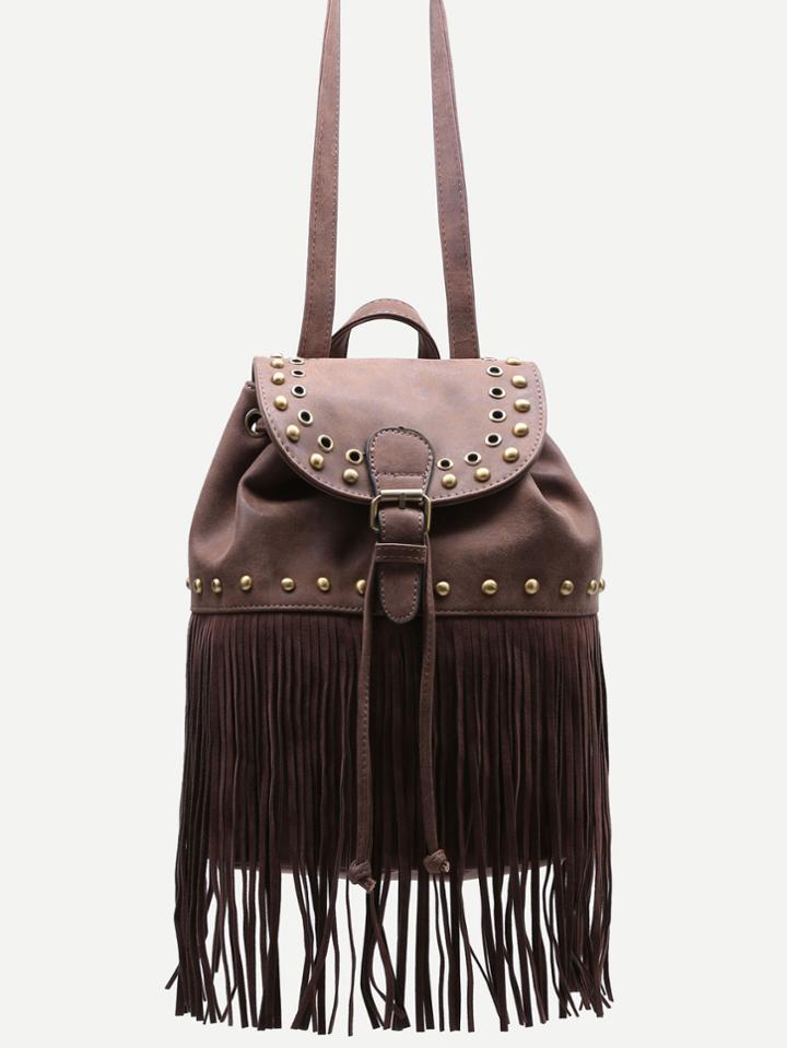 Shein Coffee Pu Tassel Fringe Studded Drawstring Flap Backpack