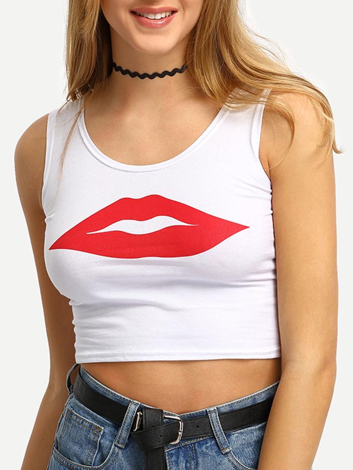 Shein Lip Print Crop Tank Top - White
