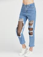 Shein Blue Cut Out Ripped Contrast Fishnet Raw Hem Jeans