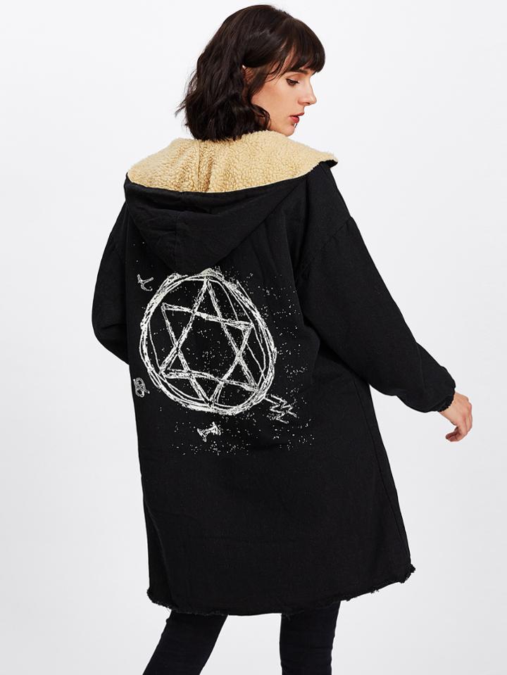 Shein Faux Fur Lined Raw Hem Denim Coat