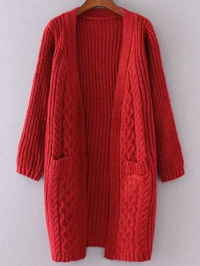 Shein Red Collarless Cable Knit Pocket Sweater Coat