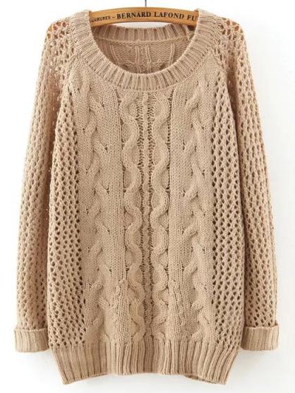 Shein Apricot Round Neck Hollow Cable Knit Sweater