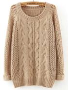Shein Apricot Round Neck Hollow Cable Knit Sweater