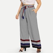 Shein Plus Striped Hem Dot Print Wide Leg Pants
