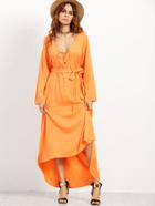 Shein Orange Lace Up Plunge Neck High Low Belted Dress