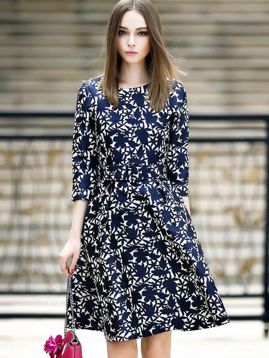 Shein Navy Round Neck Half Sleeve Print Drawstring Dress