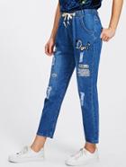Shein Letter Print Ripped Self Tie Jeans