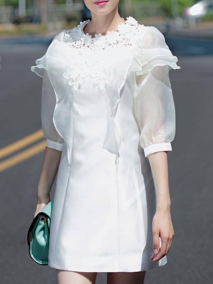 Shein White Crochet Contrast Organza Ruffle A-line Dress