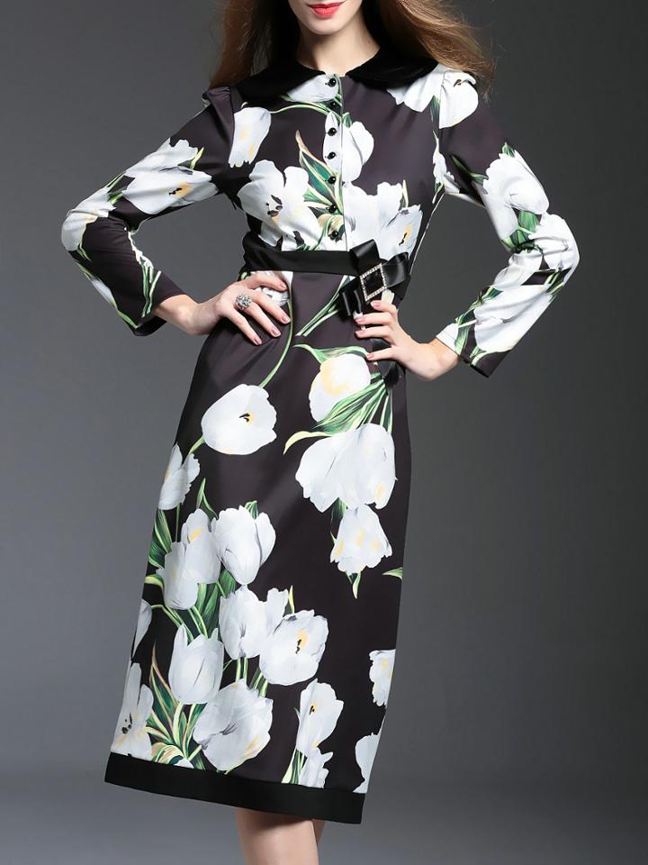 Shein Black Flowers Print Bowknot Dress