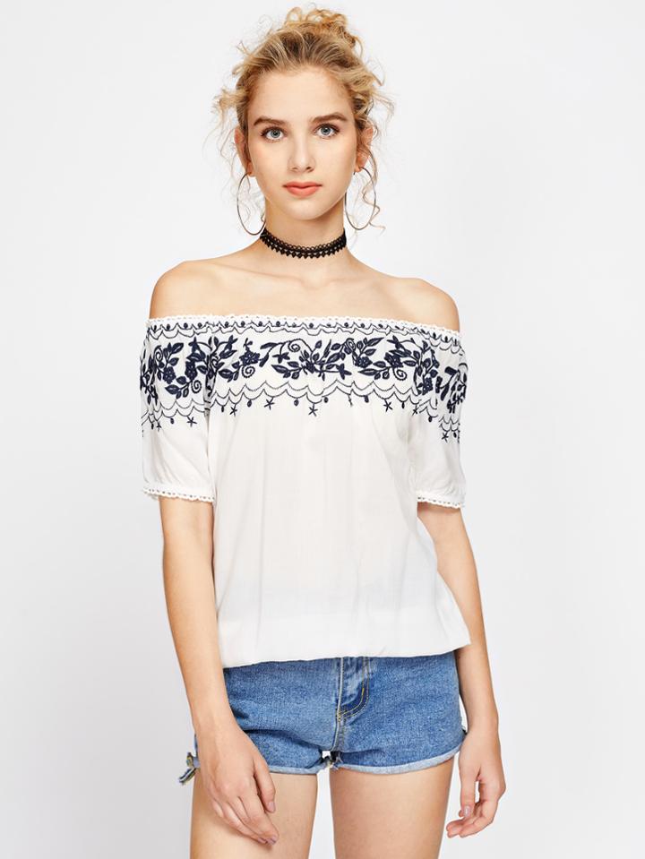 Shein Bardot Flower Embroidery Top
