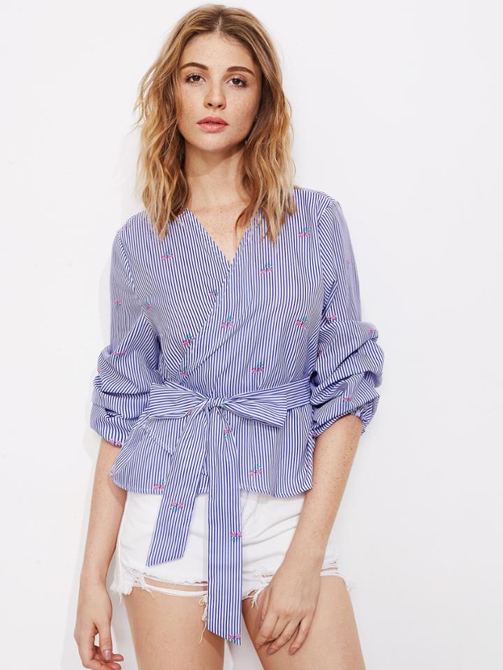 Shein Vertical Striped Ruched Sleeve Wrap Blouse
