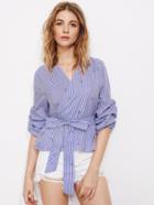 Shein Vertical Striped Ruched Sleeve Wrap Blouse