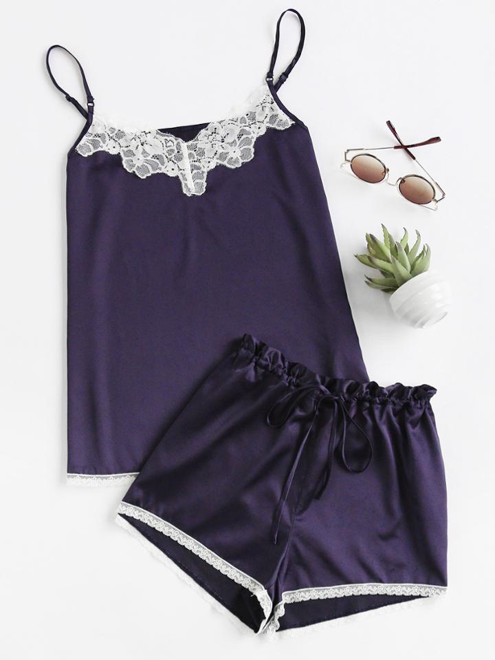 Shein Lace Trim Cami And Shorts Pajama Set
