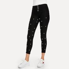 Shein Single Breasted Pearl Beaded Jeans