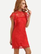 Shein Red Cap Sleeve Pom Pom Trim Hollow Dress