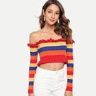 Shein Bardot Lettuce Trim Striped Crop Sweater