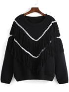 Shein Black Round Neck V Sequined Tassel Sweatshirt