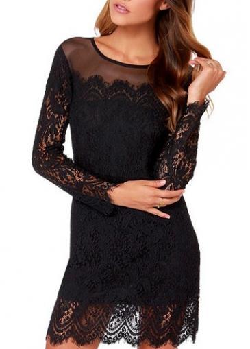 Rosewe Club Essential Black Mesh Splicing Long Sleeve Dress