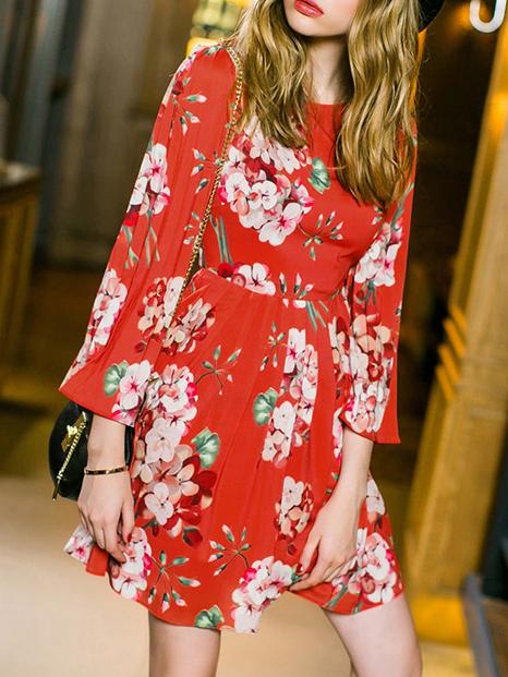 Shein Red Round Neck Length Sleeve Floral Print Dress
