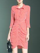 Shein Red White Striped Lapel Asymmetric Dress