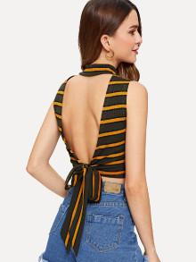Shein Knot Open Back Striped Ribbed Shell Top