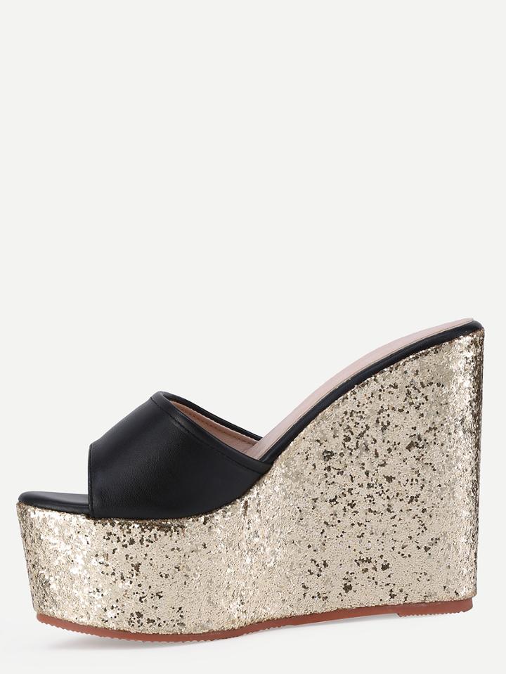 Shein Black Block Open Toe Gold Wedge Sandals