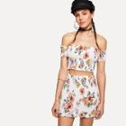 Shein Floral Print Lace Up Back Frill Top With Skirt