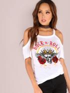 Shein Rock N Roll Graphic Cold Shoulder Tee White