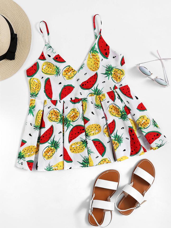 Shein Fruit Print Box Pleated Cami Top