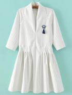 Shein White Vertical Striped V Neck Dress With Brooch