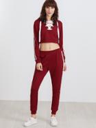 Shein Hooded Lace Up Striped Trim Crop Sweatshirt With Pants
