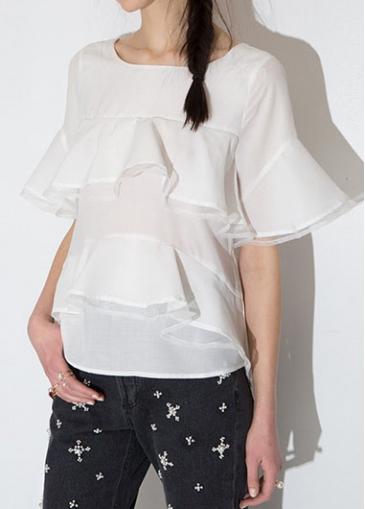 Rosewe White Round Neck Ruffled Chiffon Blouse