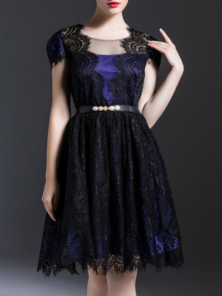 Shein Black Sheer Belted Lace A-line Dress
