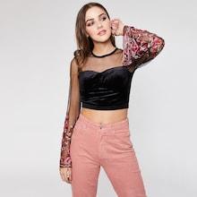 Shein Mesh Sweetheart Embroidered Bell Sleeve Velvet Top