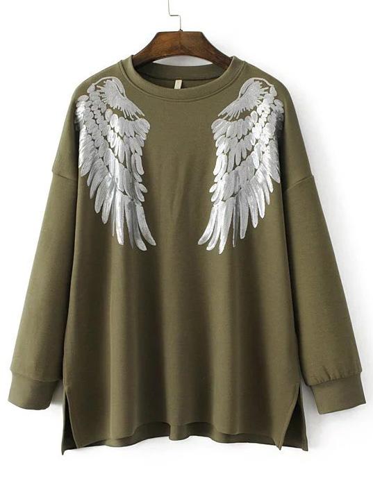 Shein Army Green Sequin Wing Side Slit Drop Shoulder Sweatshirt
