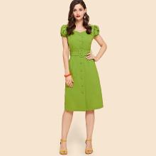 Shein Puff Sleeve Belted Button Up Dress