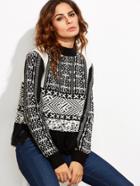 Shein Black And White Tassel Hem Long Sleeve Sweater