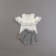 Shein Girls Striped Tape Trim Ruffle Top With Shorts