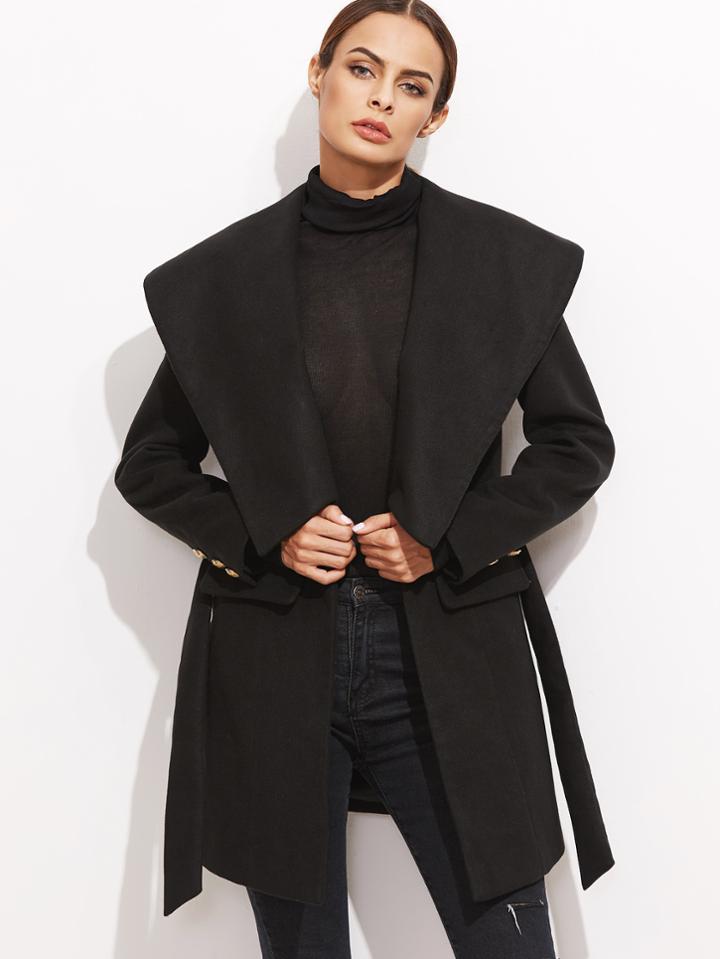 Shein Shawl Collar Self Tie Coat With Pockets