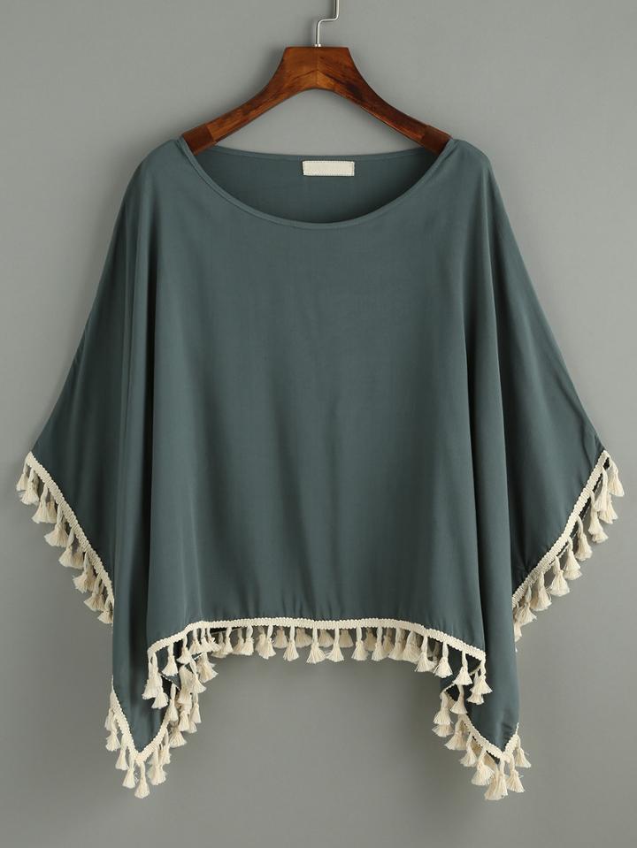Shein Dark Green Tassel Trimmed Poncho Blouse