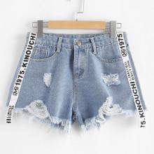 Shein Letter Print Raw Hem Denim Shorts