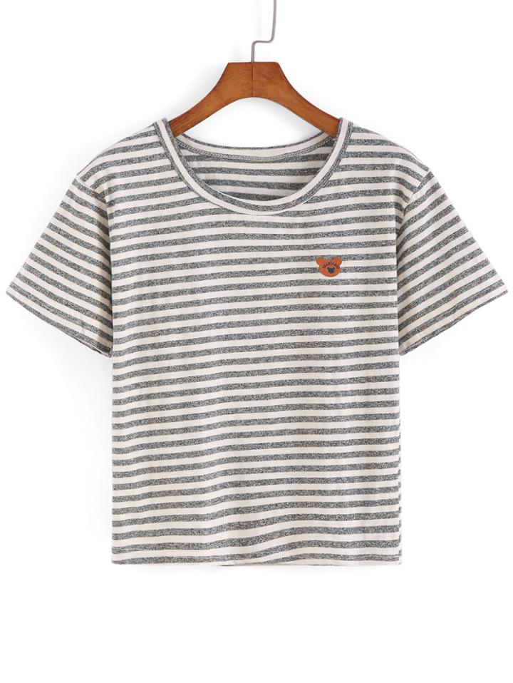 Shein Striped Bear Patch T-shirt